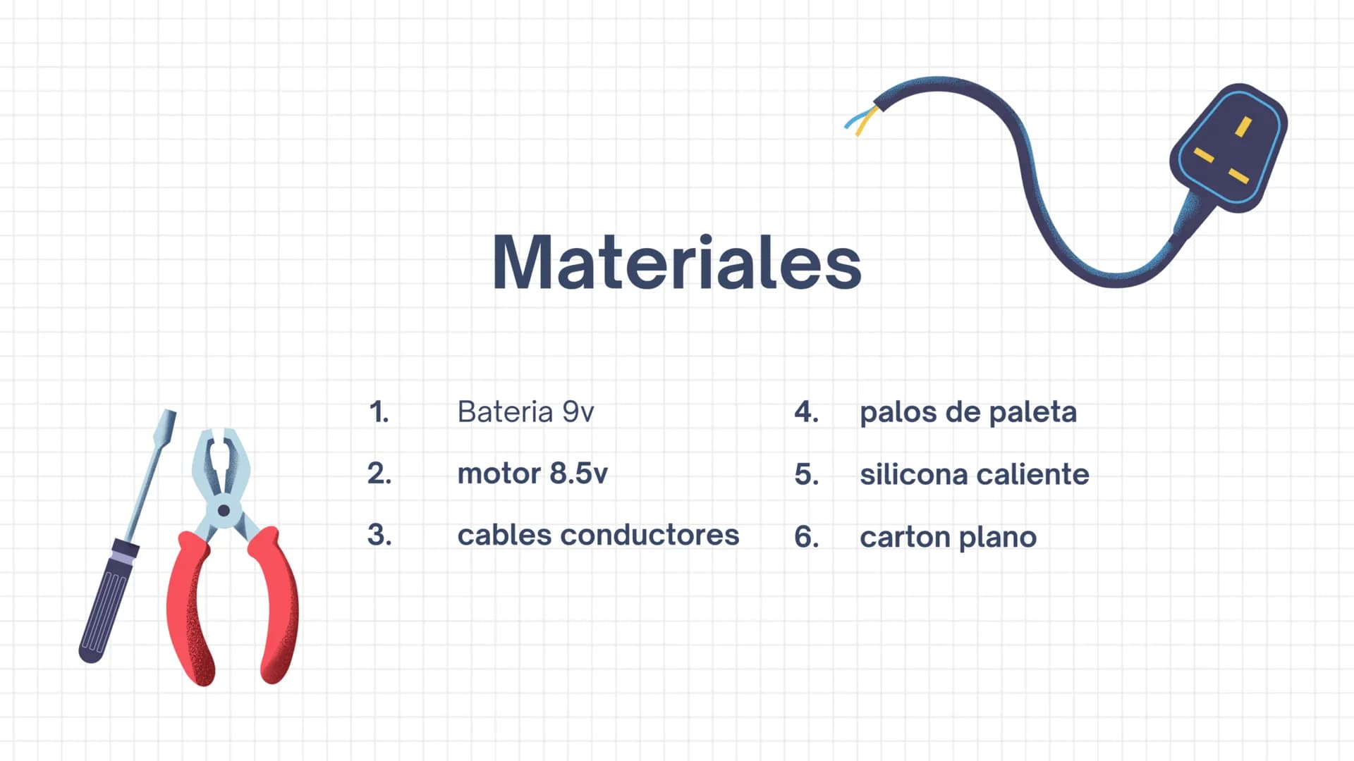 # Materiales
1. Bateria 9v
2. motor 8.5v
3. cables conductores
4. palos de paleta
5. silicona caliente
6. carton plano # construccion
1. se