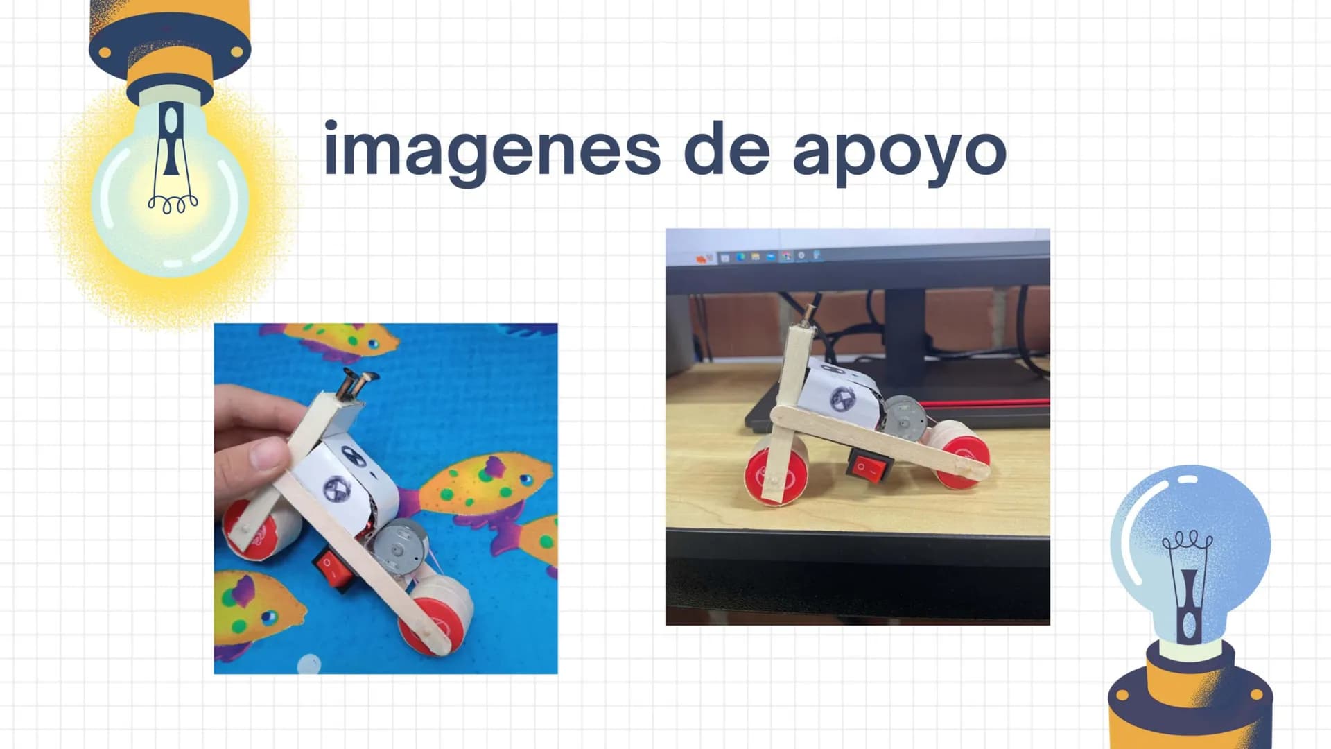 # Materiales
1. Bateria 9v
2. motor 8.5v
3. cables conductores
4. palos de paleta
5. silicona caliente
6. carton plano # construccion
1. se
