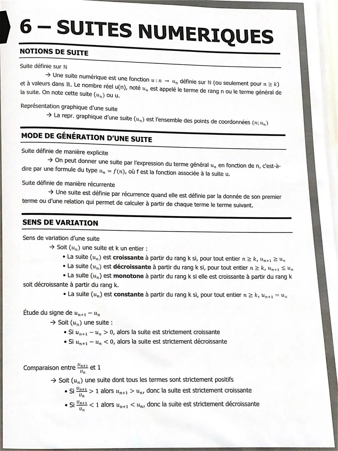 # 6 – SUITES NUMERIQUES
NOTIONS DE SUITE
Suite définie sur N
→ Une suite numérique est une fonction $u: n \rightarrow u_n$, définie sur N