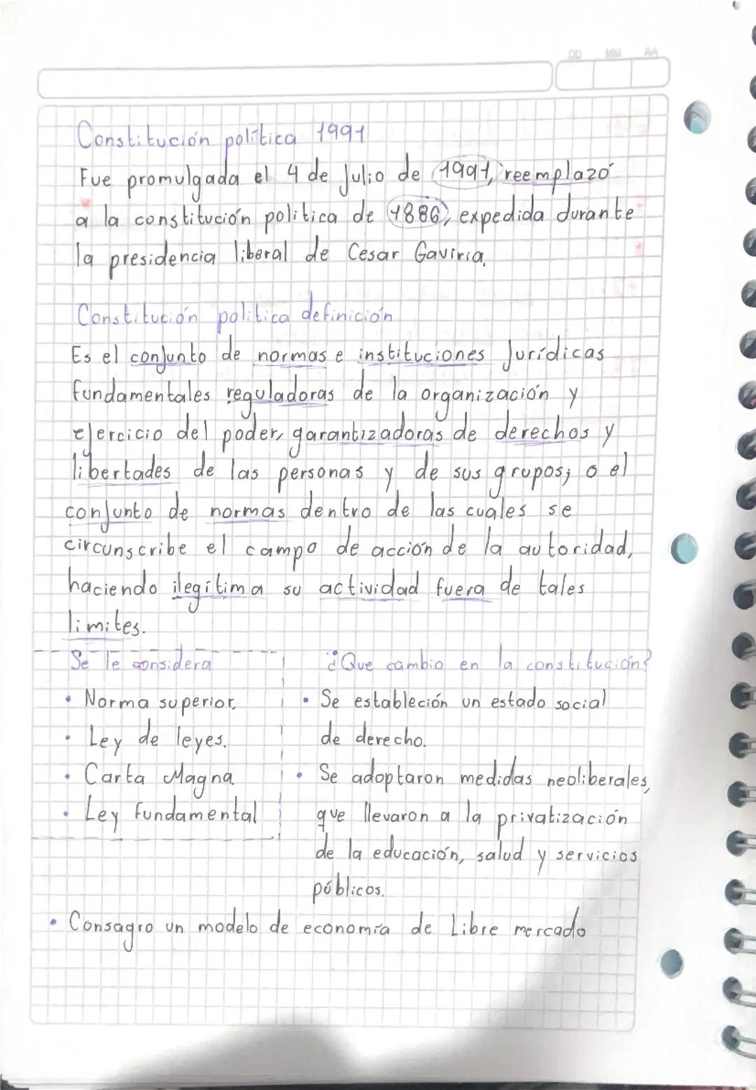 Constitución política 1991
Fue promulgada el 4 de Julio de 1994, reemplazó
a la constitución politica de 1886, expedida durante
la presidenc