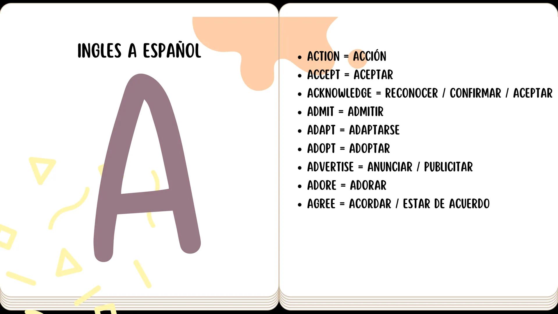 DICCIONARIO
English
Español
Canv ESPAÑOL ENGLISH
A ESPAÑOL A ENGLISH
•
ACUEDUCTO
A
.
• AGENCIA DE VIAJES
• AGLOMERACIÓN
• ALCÁZAR
• ANTIGUO