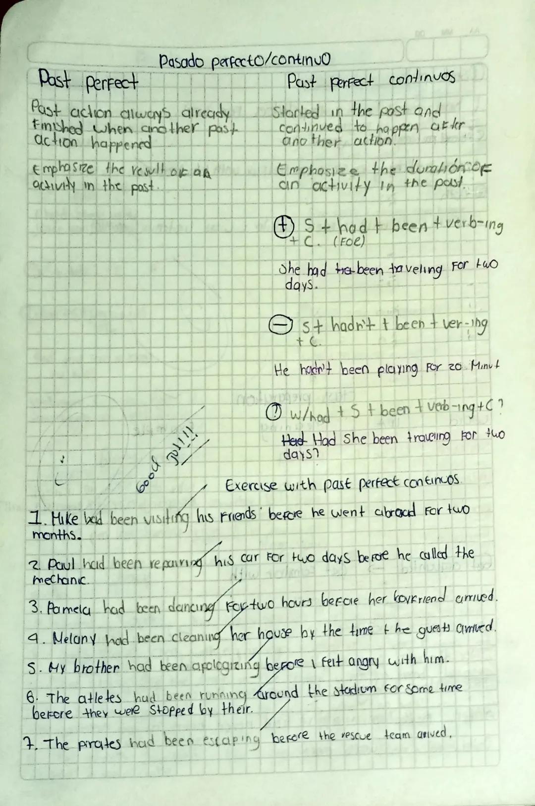 Past perfect
Pasado perfecto/continuo
Past action always already
Finished when another past
action happened
Emphasize the result of an
activ