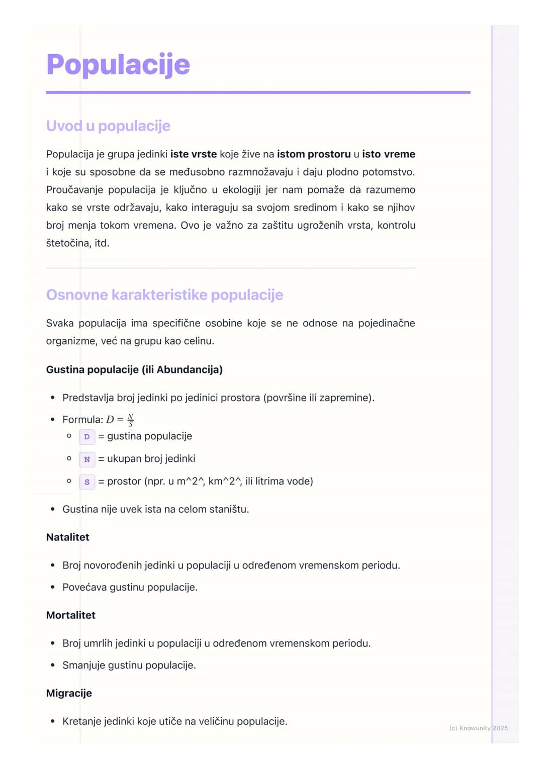 # Populacije
Uvod u populacije
Populacija je grupa jedinki iste vrste koje žive na istom prostoru u isto vreme
i koje su sposobne da se me