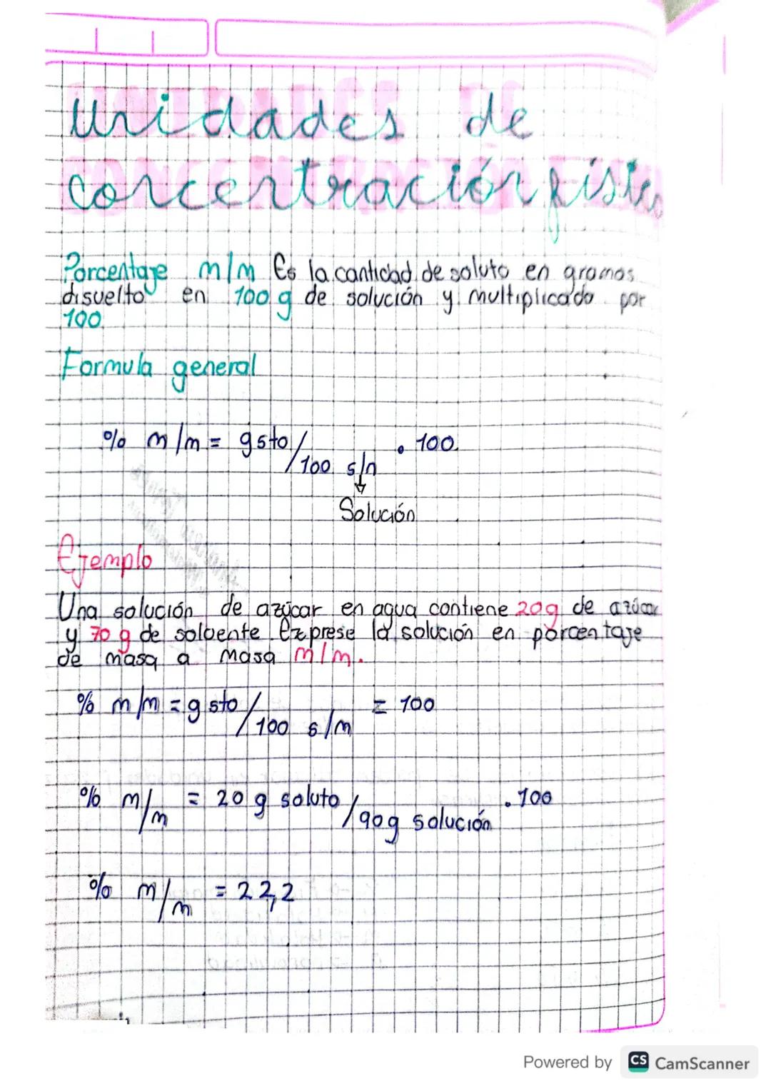 uridades de
concentración fist
Porcentage m/m es la cantidad de soluto en gramas
disuelto en 100 g de solución y multiplicado por
100.
Formu