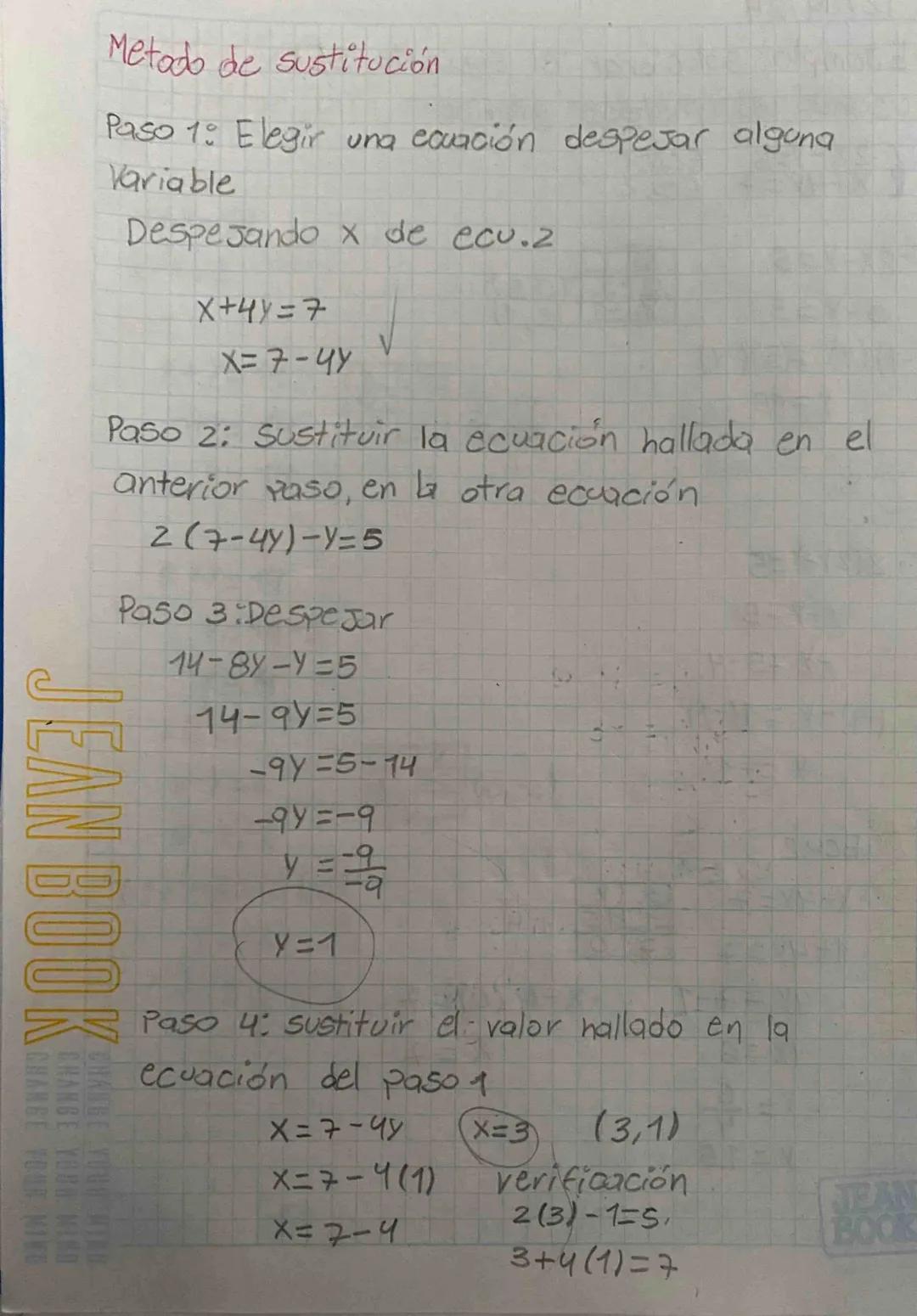 Metodo de sustitución
Paso 1: Elegir una ecuación despesar alguna
Variable
Despesando x de ecu.z
X+44=7
X=7-4Y
V
Paso 2: Sustituir la ecuaci