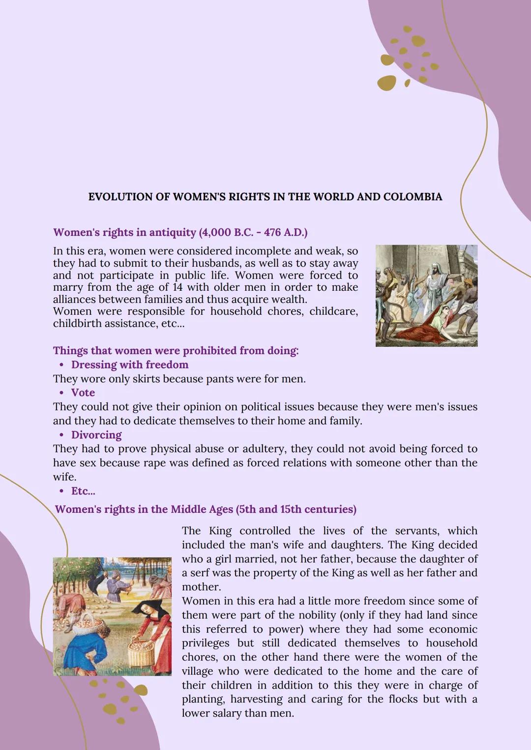 # EVOLUTION OF WOMEN'S RIGHTS IN THE WORLD AND COLOMBIA
Women's rights in antiquity (4,000 B.C. - 476 A.D.)
In this era, women were consid
