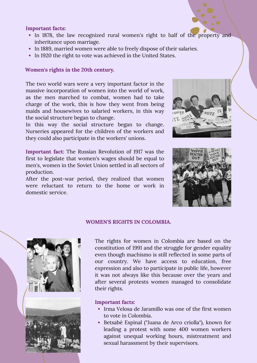 # EVOLUTION OF WOMEN'S RIGHTS IN THE WORLD AND COLOMBIA
Women's rights in antiquity (4,000 B.C. - 476 A.D.)
In this era, women were consid