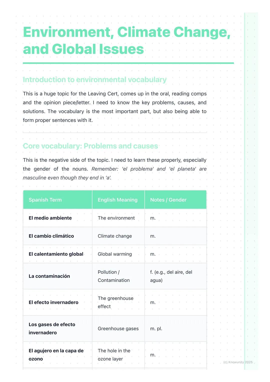 # Environment, Climate Change,
and Global Issues
Introduction to environmental vocabulary
This is a huge topic for the Leaving Cert, comes