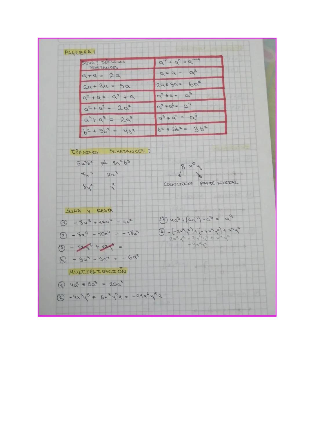 ALGEBRA:
SURA TER HINDS
SEMESANCES
$a+a = 2a$
$2a+3a=5a$
$a^2+a= a^2 + a$
$a^2+a^2= 2a^2$
$a^3+ a^3 = 2a^3$
$b^2+3b^2= 4b^2$
$a^m * a^n =