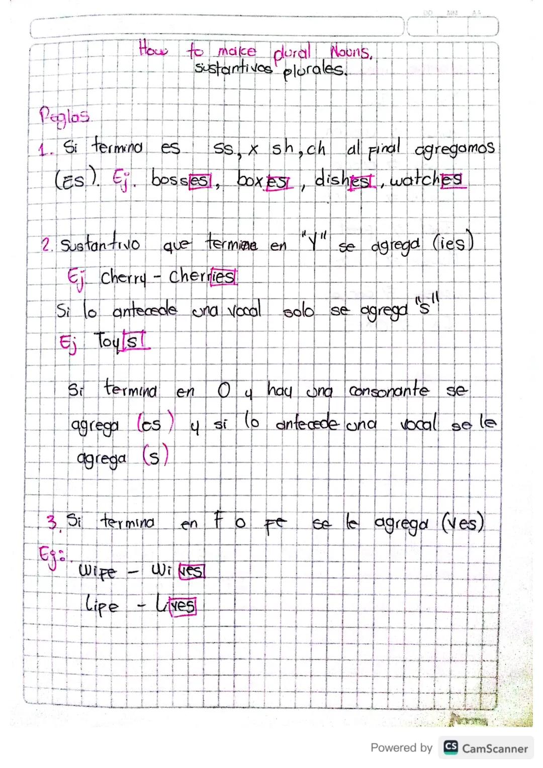 How to make plural Nouns,
Sustantivos plurales..
Reglas
1. Si termina es
Ss, x sh₂ch al Final agregamos.
(as). Ei bosses, box ESI, dishest,