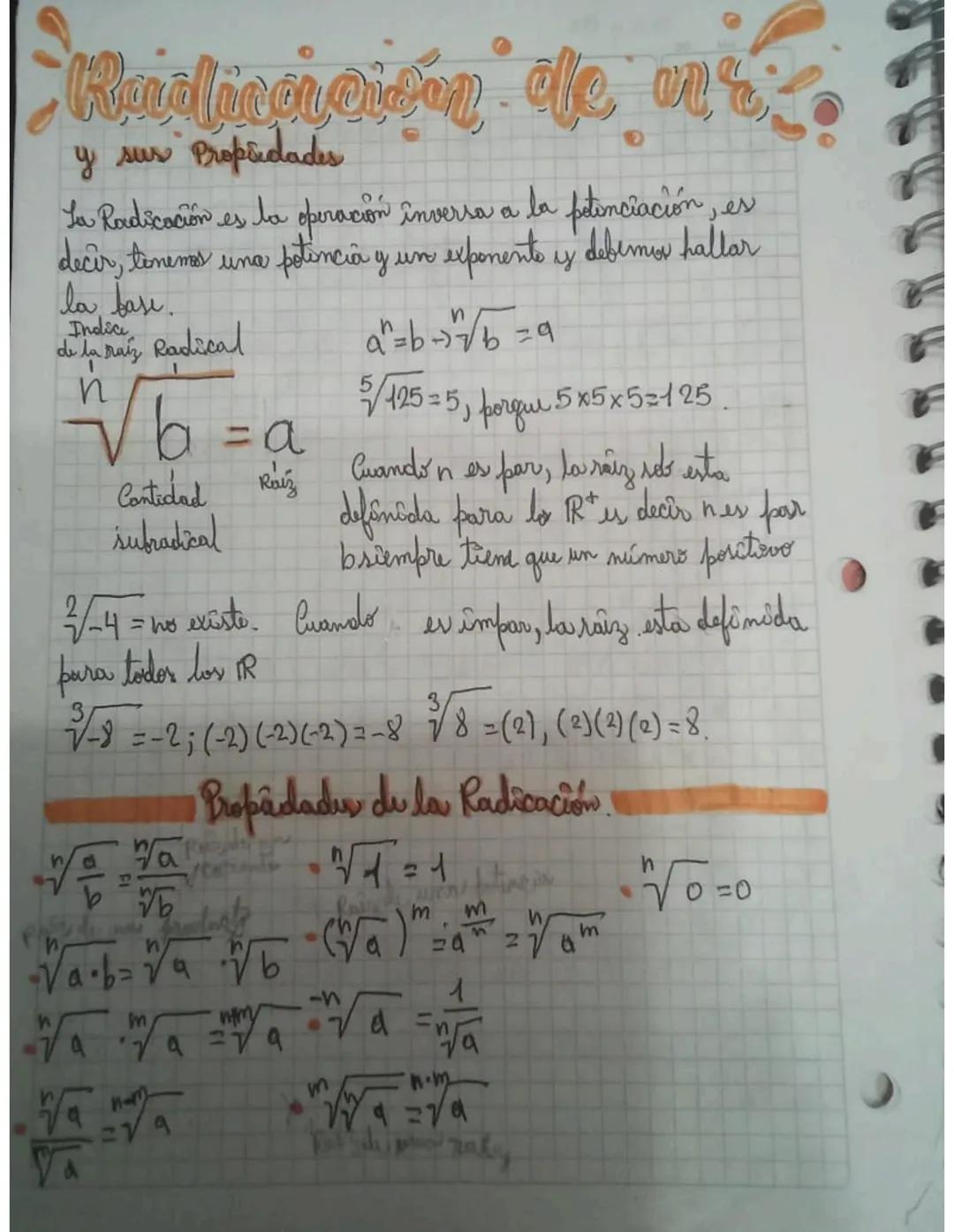 Radlicereiden de an
y sur Propiedades
La Radicación es la operación inversa a la petenciación, es
decir, tenems una potencia y un exponents