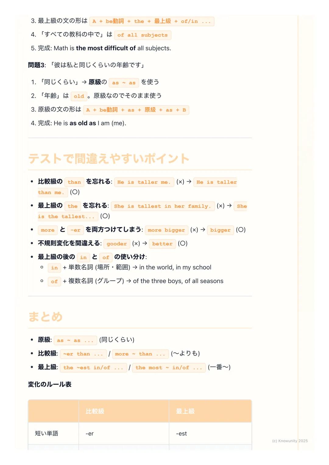 # 原級・比較級・最上級
比較表現の基本
2つ以上のものを比べて、「AはBと同じくらい〜だ」とか「AはBよりも〜だ」
「Aが一番〜だ」と言うときの表現方法。形容詞や副詞の形を変えるのがポイン
ト。テストでよく出るから、しっかりルールを覚える必要がある。
# 原級・比較級・最