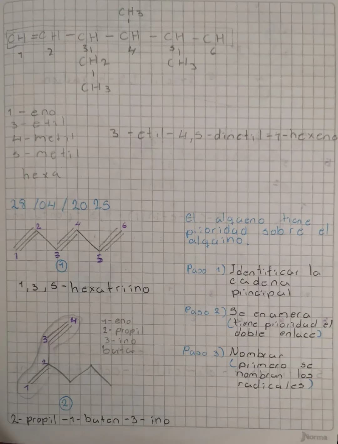 Nomenclatura de Alqueno y alquinos
Pasos para nombrar alquenos y
alquinos.
Pasos para nombrar alquenos y alquinos
lineales
¡Elegir la cadena