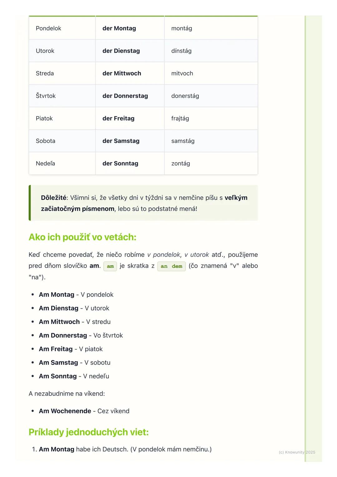 # Dni v týždni
1. Prehľad dní v týždni
Ahojte! Dnes si ideme zopakovať a naučiť sa dni v týždni po nemecky. Je to
super dôležité, lebo v n