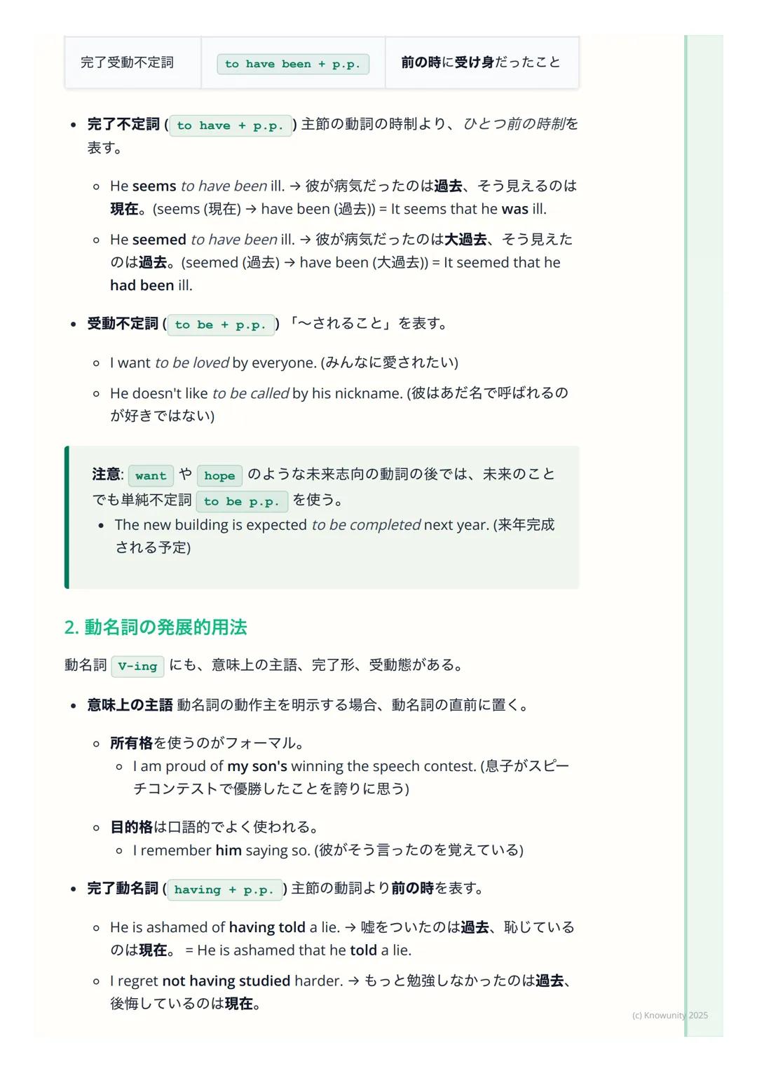 # 準動詞(不定詞・動名詞・分
詞)の発展的用法
準動詞の発展的用法とは
中学で習った不定詞(to do)、動名詞(doing)、分詞(doing / done)の基
本形に加えて、もっと複雑な意味を表すための形。特に、主節の動詞との時間の
ズレや、**受け身 (受動態) *