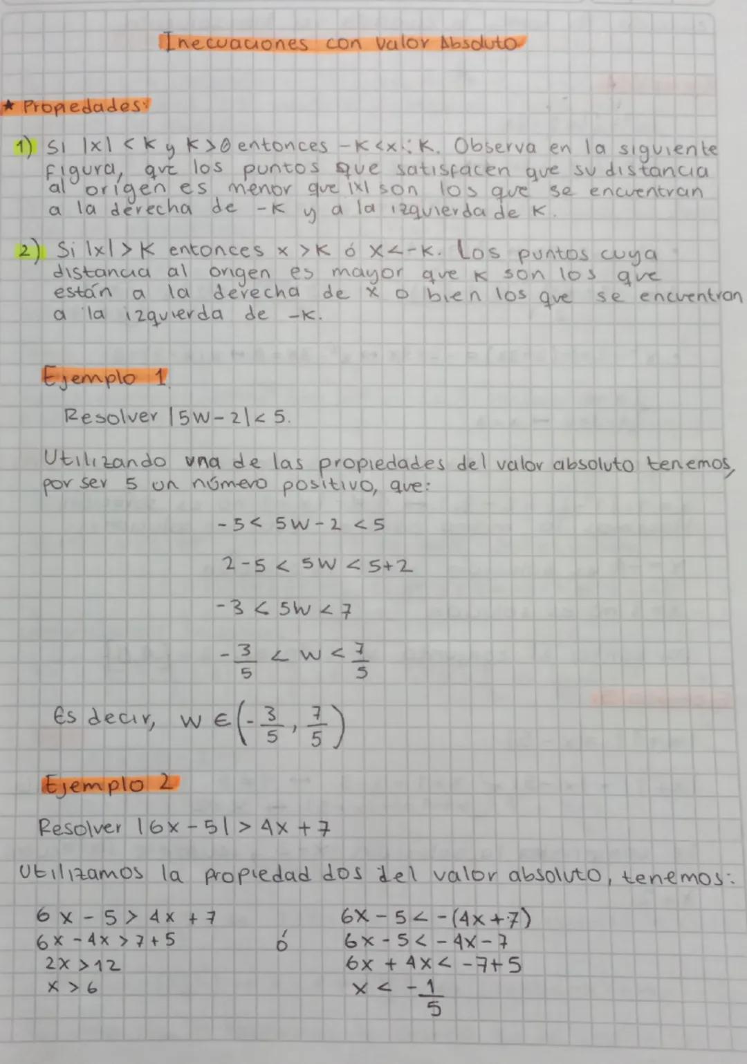 Inecuaciones con valor Absoluto
Propiedades
1) Si |x| <ky k >
entonces -K<xk. Observa en la siguiente
Figura, que los puntos que satisfacen