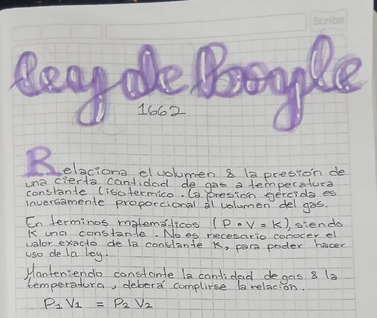 --- OCR Start ---
Scribe
Ley de Boyle
1662
R
elaciona el volumen & la presión de
una cierta cantidad de gas a temperatura
constante (isoterm