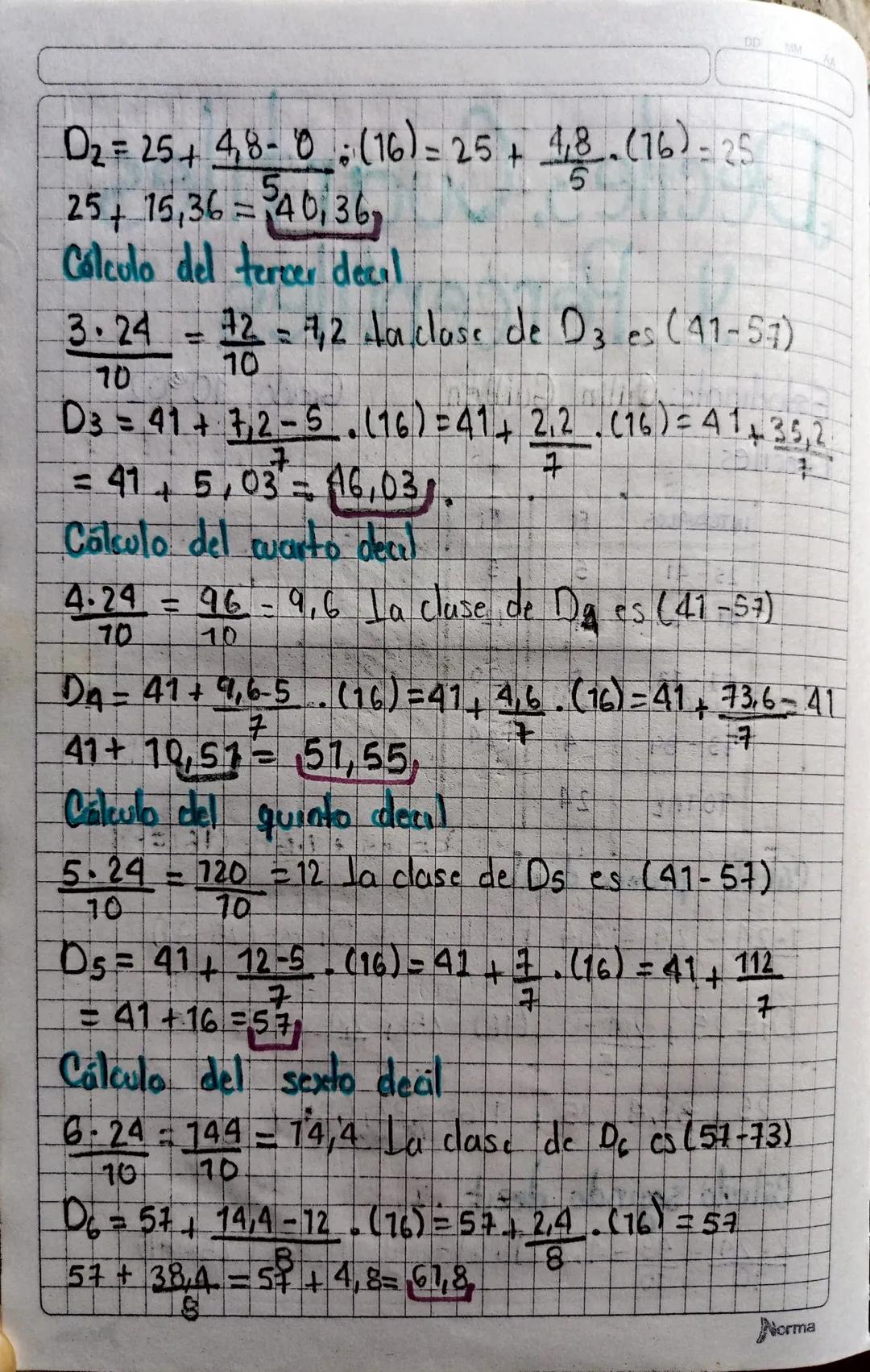 Deciles Cuartiles
y Percentiles
Estudiante:
Deciles
INTERVALOS fi
Fi
25 41
5
5
41-57
12
51-13
8
20
E
13-89
4
24
TOTAL
24
Grado 10002
Cálculo