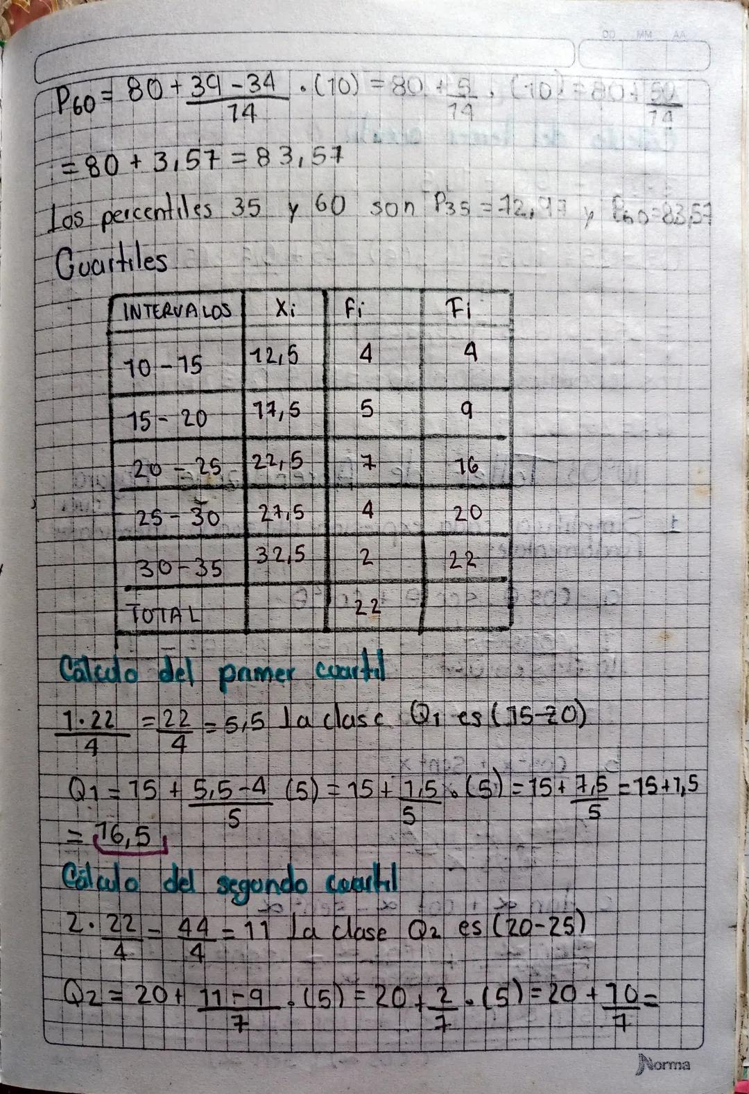 Deciles Cuartiles
y Percentiles
Estudiante:
Deciles
INTERVALOS fi
Fi
25 41
5
5
41-57
12
51-13
8
20
E
13-89
4
24
TOTAL
24
Grado 10002
Cálculo