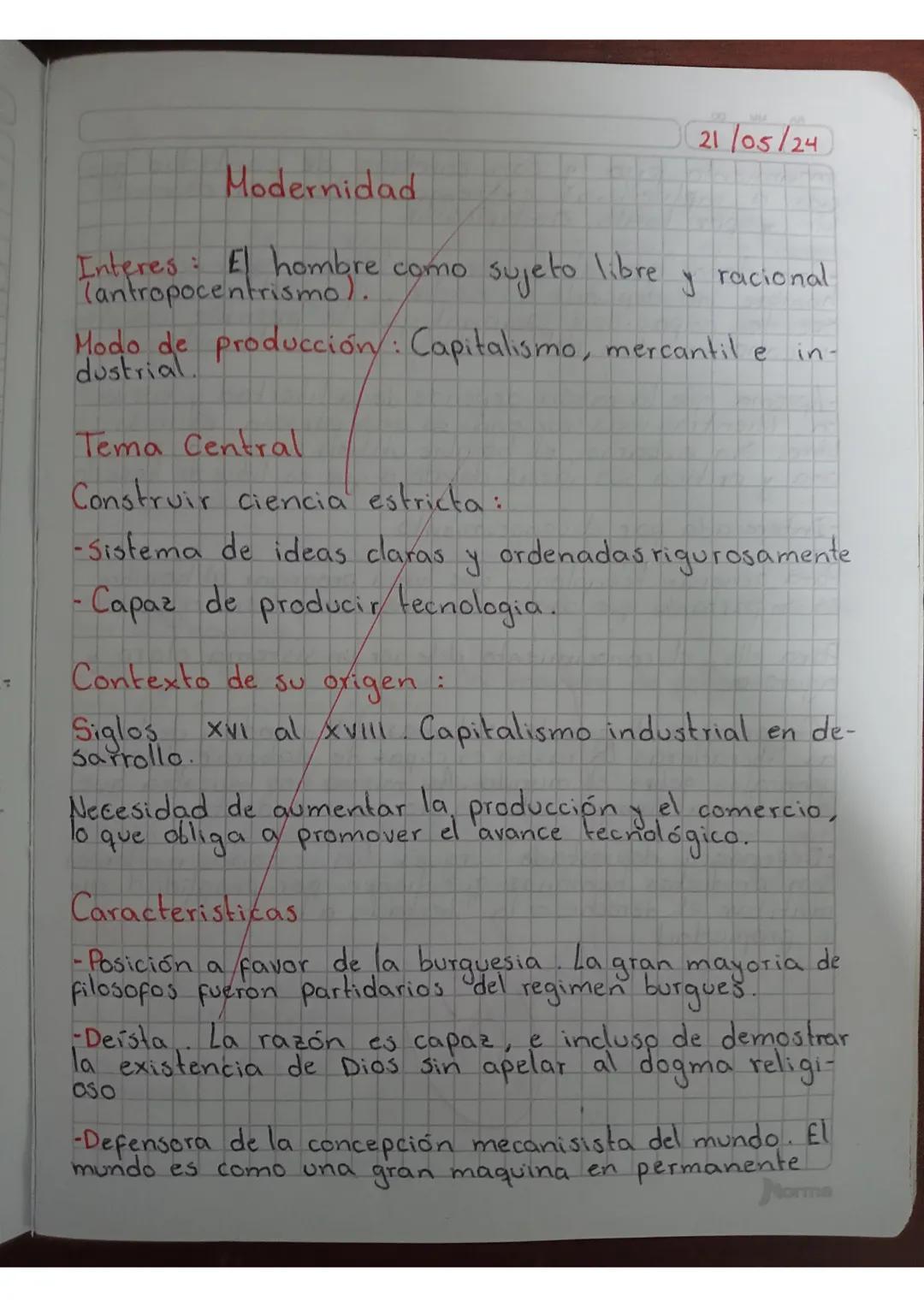 Modernidad
21/05/24
Interes: El hombre como sujeto libre y racional
(antropocentrismo).
Modo de producción: Capitalismo, mercantil e in-
dus