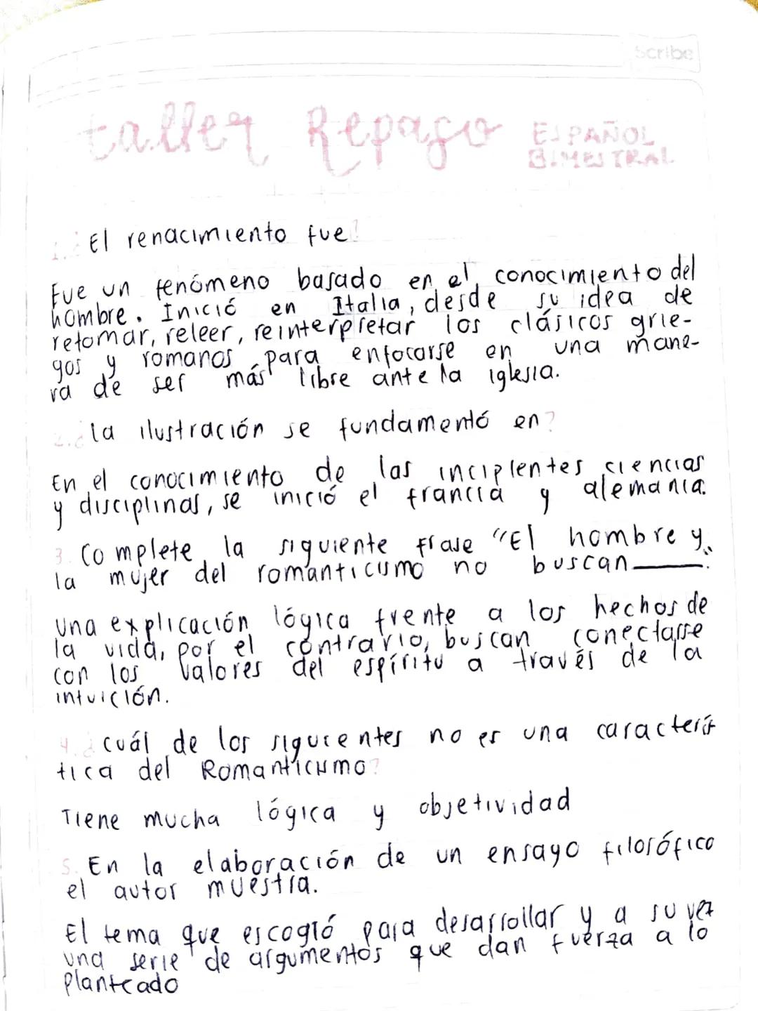 taller Repaso
ESPAÑOL
BIMESTRAL
1. El renacimiento fue!
Fue un fenómeno basado en el conocimiento del
hombre. IniciÓ en Italia, desde su i
