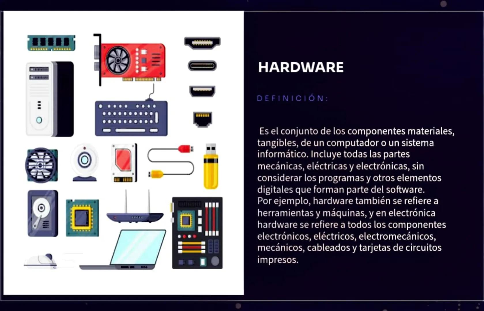 HARDWARE O
HARDWARE
DEFINICIÓN:
DOD
Es el conjunto de los componentes materiales,
tangibles, de un computador o un sistema
informático. Incl