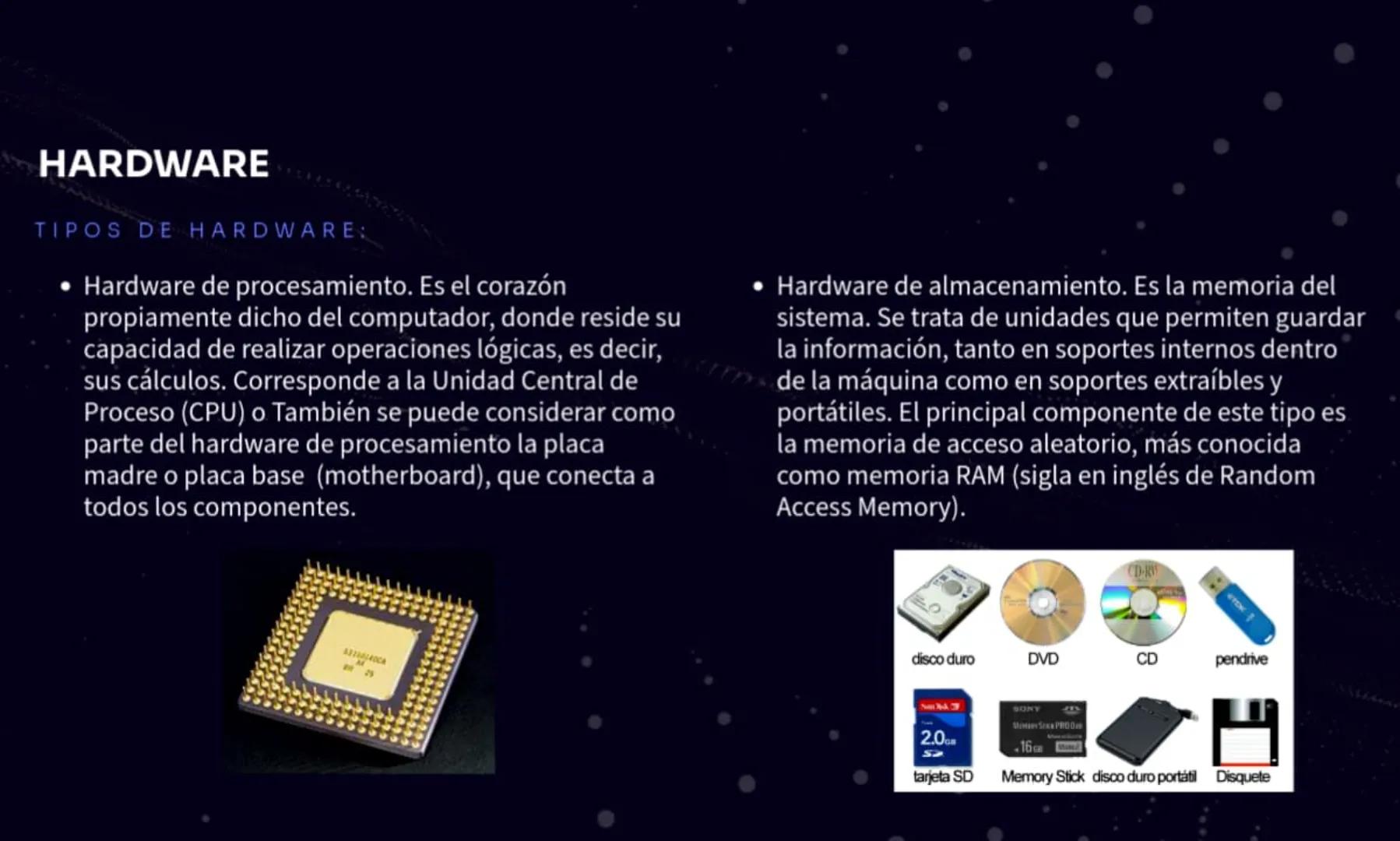 HARDWARE O
HARDWARE
DEFINICIÓN:
DOD
Es el conjunto de los componentes materiales,
tangibles, de un computador o un sistema
informático. Incl