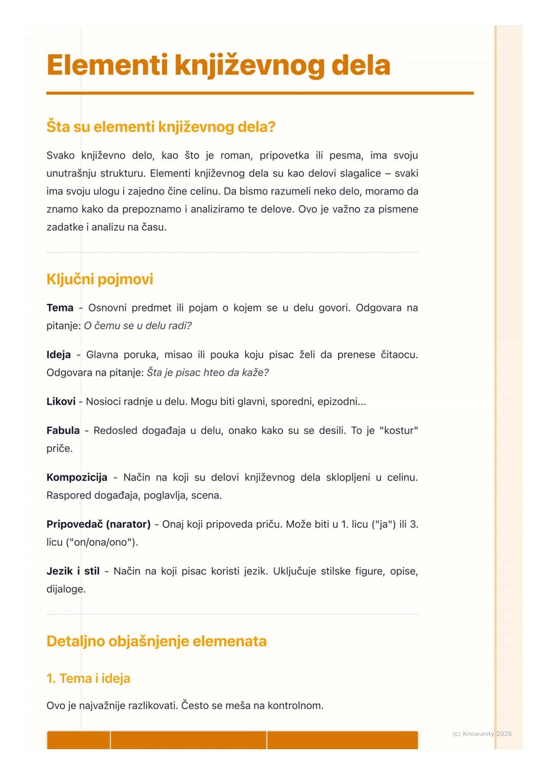 # Elementi književnog dela
Šta su elementi književnog dela?
Svako književno delo, kao što je roman, pripovetka ili pesma, ima svoju
unutra