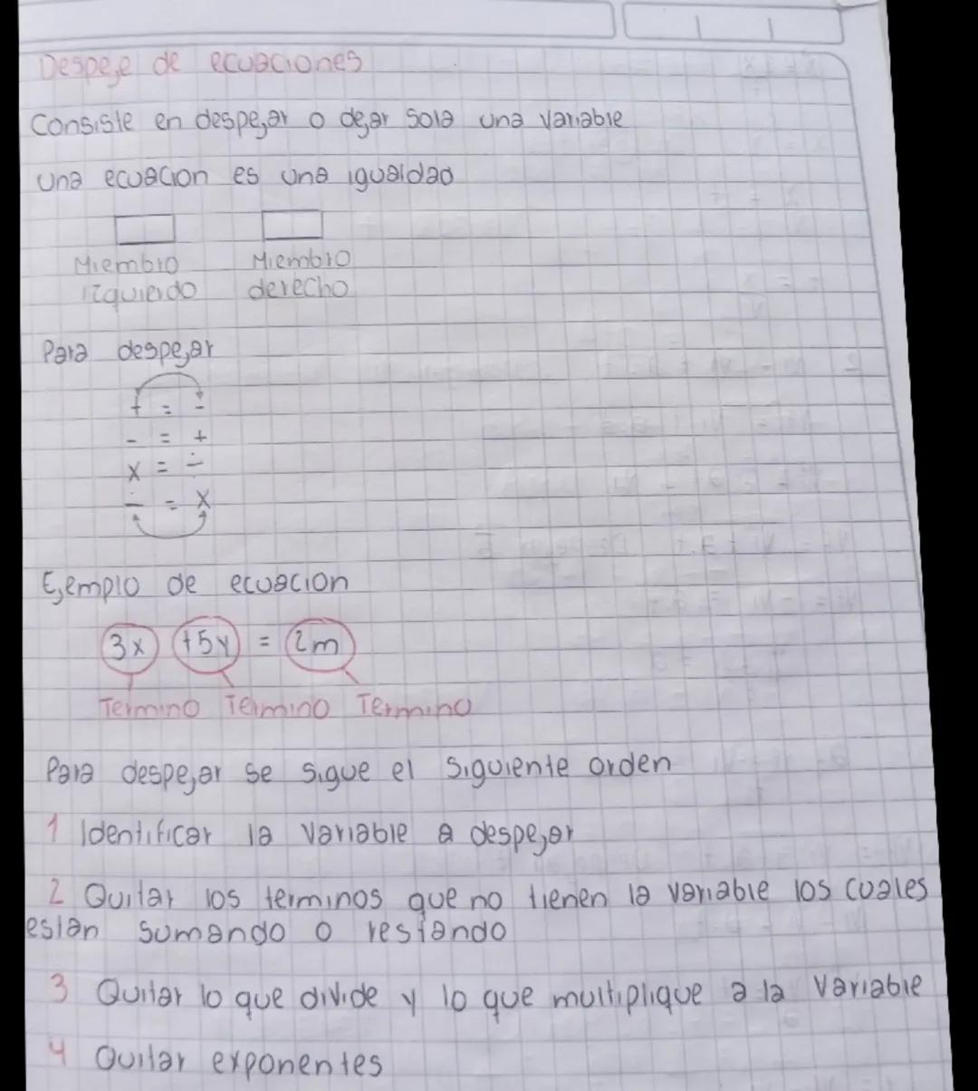 Despeje de ecuaciones
Consiste en despegar o dejar Sola una variable
Una ecuacion es una igualdad
Miembro
Riquierdo
Miembro
derecho
Para des