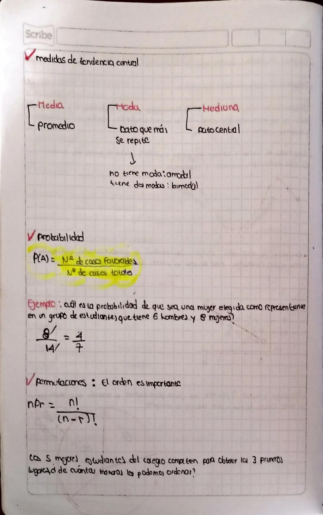 Scribe
✓ medidas de tendencia central
-Media
Moda
-Mediuna
Promedio
bato que mái
Se repite
pato central
no tiene moda:amadal
tiene dos modas