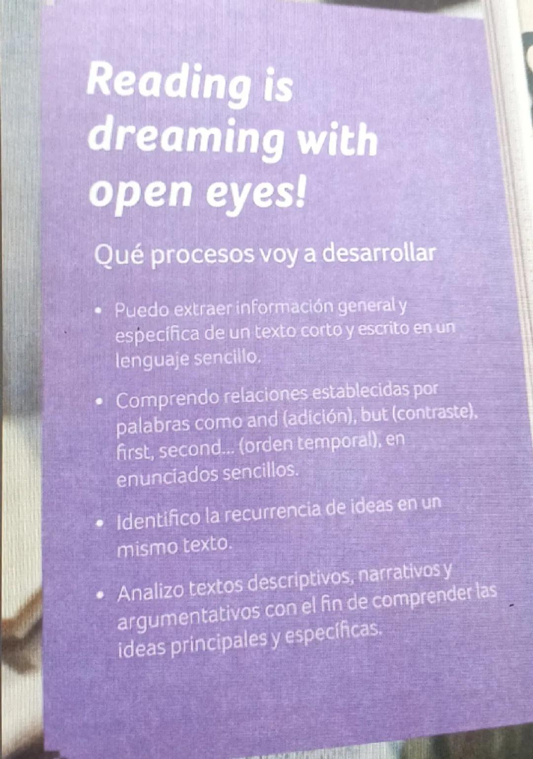 Reading is dreaming with open eyes!
Qué procesos voy a desarrollar
• Puedo extraer información general y específica de un texto corto y es