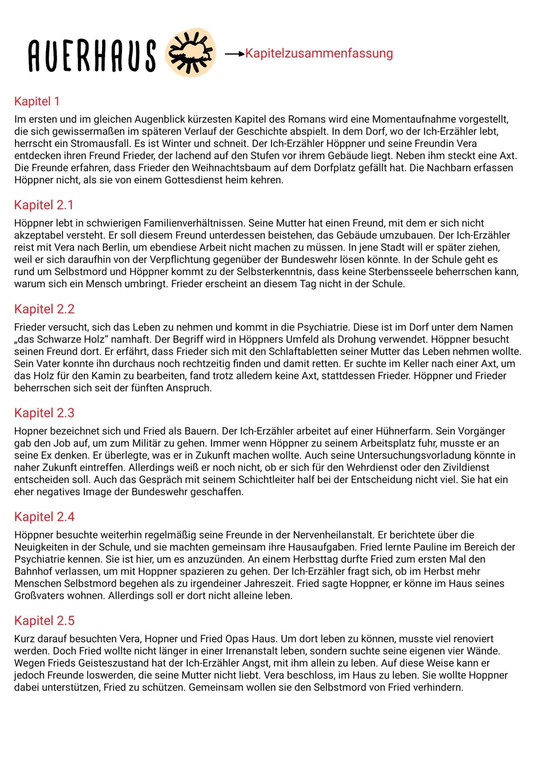 # AUERHAUS
Kapitelzusammenfassung
Kapitel 1
Im ersten und im gleichen Augenblick kürzesten Kapitel des Romans wird eine Momentaufnahme vo