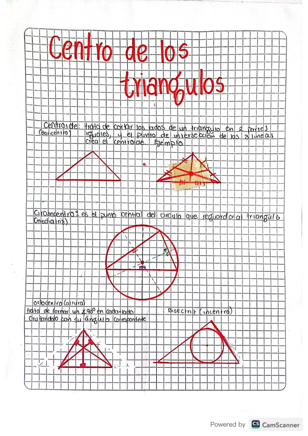 Centro de los
triangulos
Centroide: trata de cortar los lados de un triangulo en 2 partes
(Baricentro) iquales, y el punto de interseccion d