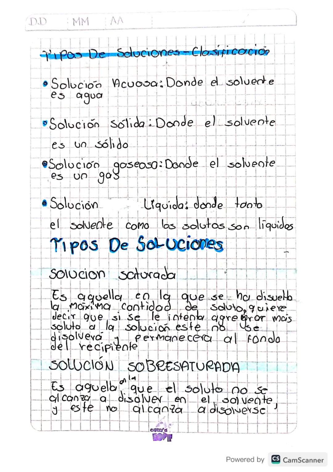 DD
MM
AA
Tipos De Soluciones -Clasificación
• Solución Acuosa: Donde el solvente
es agua
• Solución Solida: Donde el solvente.
es un sólido.