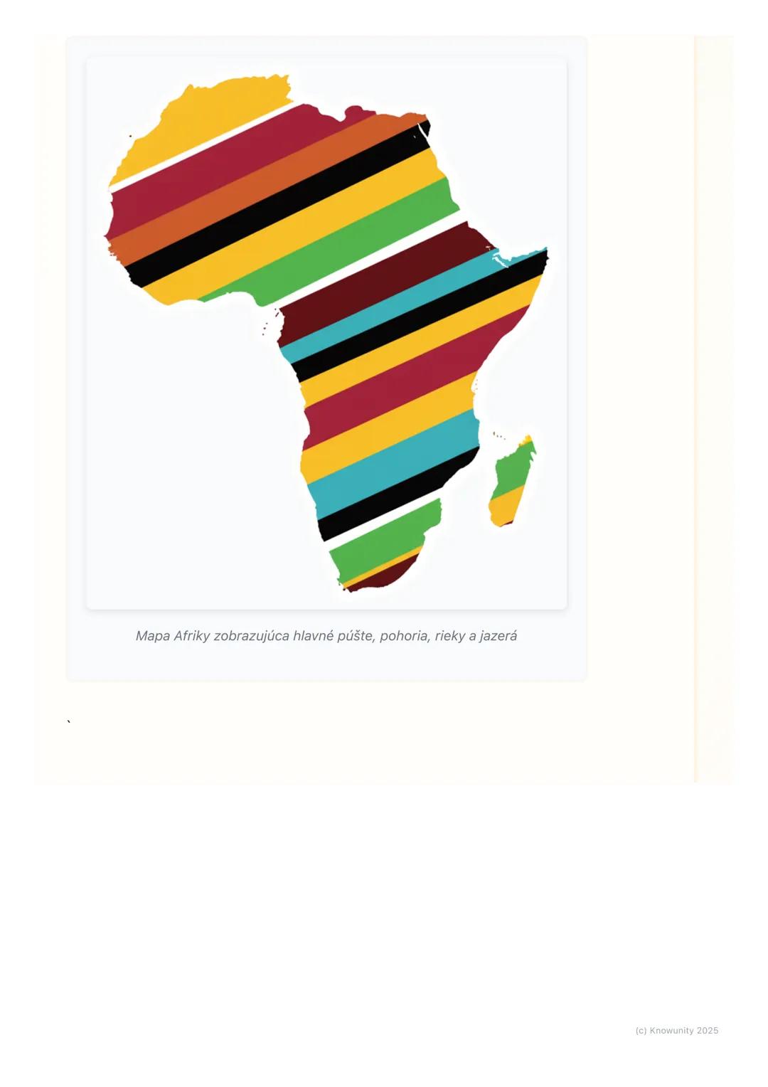 # Povrch a vodstvo Afriky
1. Úvod do povrchu a vodstva Afriky
Afrika je obrovský kontinent a má veľmi rozmanitý povrch a veľa zaujímavých