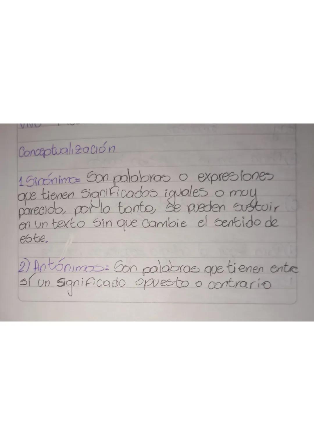 VIVO
Conceptualización
1 Sinónimo Son palabras o expresiones.
que tienen significados iguales o moy
parecido, por lo tanto, Se pueden sust