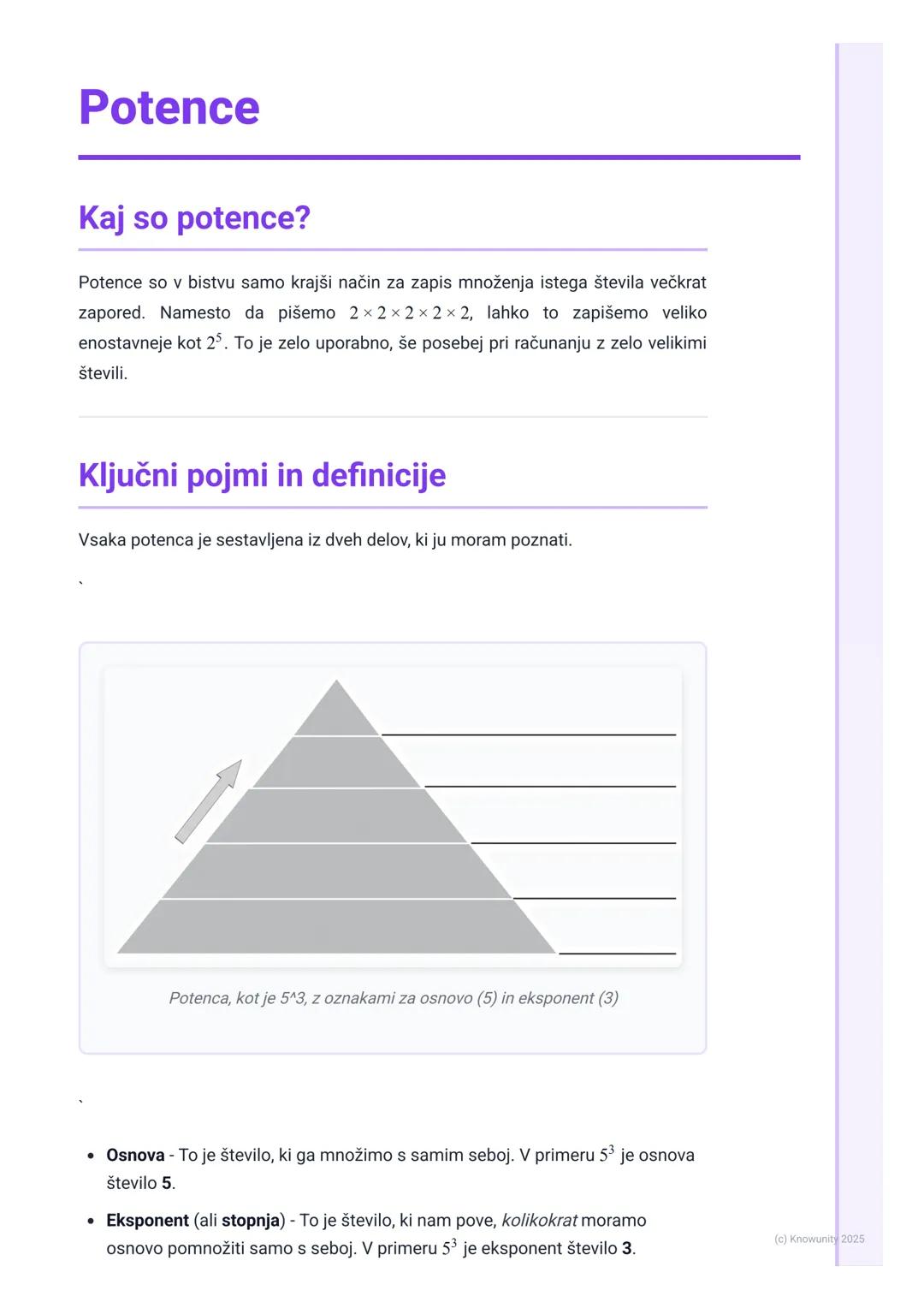 # Potence
## Kaj so potence?
Potence so v bistvu samo krajši način za zapis množenja istega števila večkrat
zapored. Namesto da pišemo 2×2