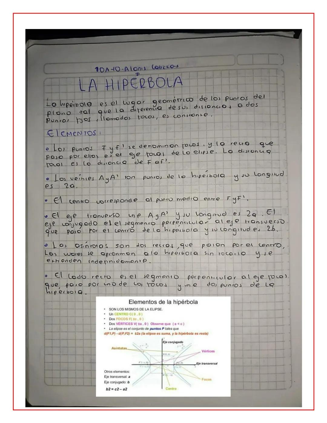 # 1DA-O-Alonis CobzEOS
D
# LA HIPERBOLA
La hiperbola es el wgor geométrico de los puntos del
plono tal que la diferencia de sus disioncio