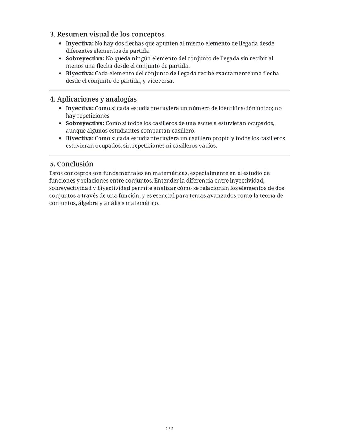 Resumen de los conceptos de funciones: Inyectiva, Sobreyectiva
y Biyectiva
1. Definiciones básicas
Inyectiva
• Definición: Cada elemento del