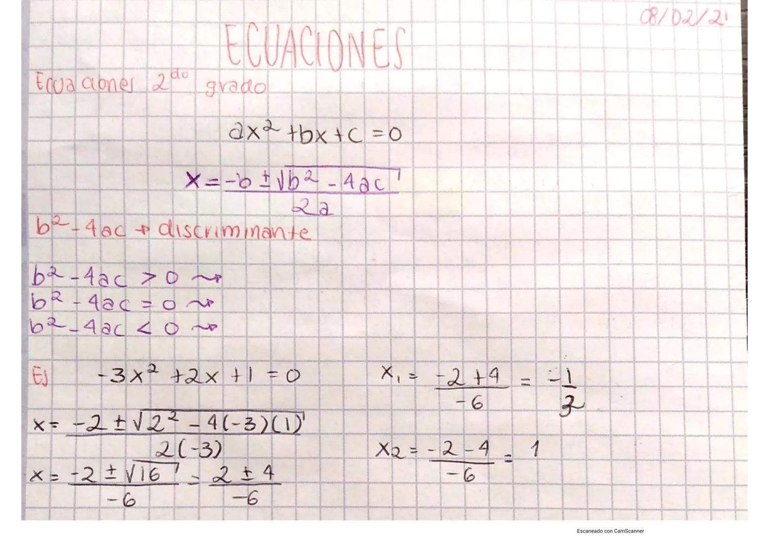 do
# ECUACIONES
Eduaciones 20° grado
$ax^2 +bx + c = 0$
$X=\frac{-b\pm\sqrt{b^2-4ac}}{22}$
$b^2-4ac$ discriminante.
$b^2-4ac > 0 \sim$
$