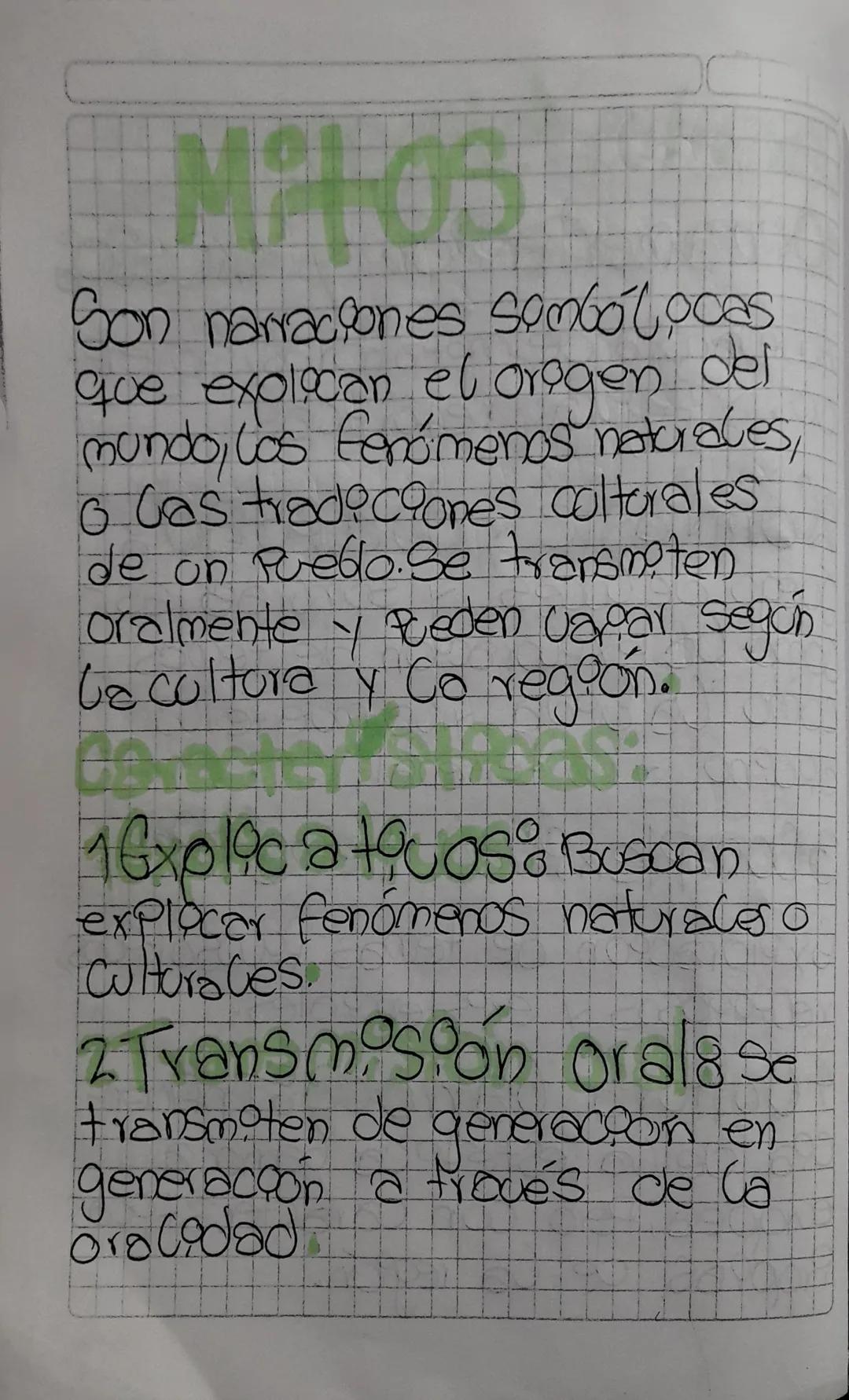 Mitos
Son narraciones sombolocas
que explican el origen del
mundo, los fenómenos naturales,
6 Cas tradiciones colturales
de on Pueblo. Se tr
