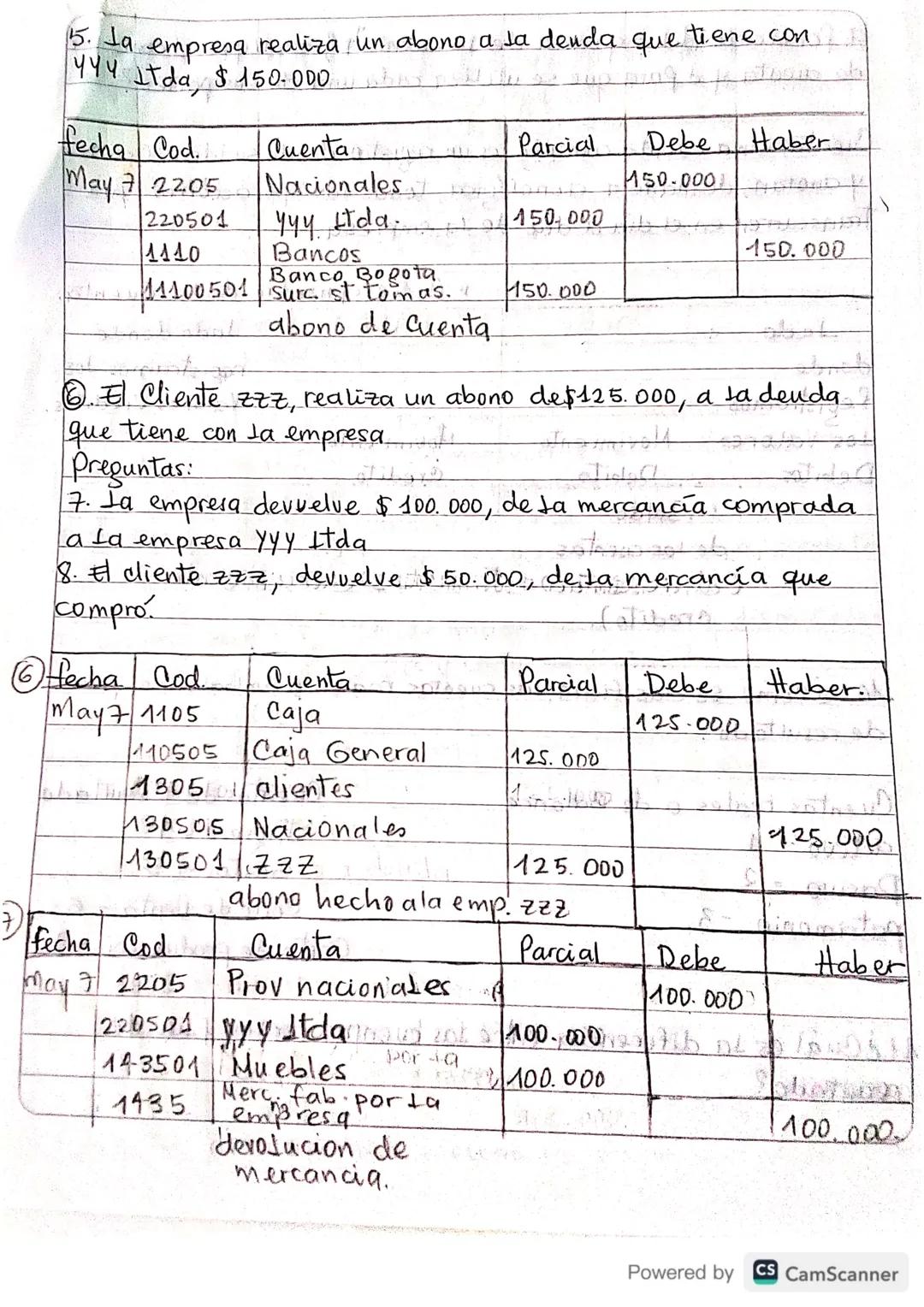 5. Ja empresa realiza un abono a la deuda que tiene con
444 Itda, $ 150.000
fecha Cod.
May 7 2205
Cuentan
Parcial
Debe Haber
Nacionales
150