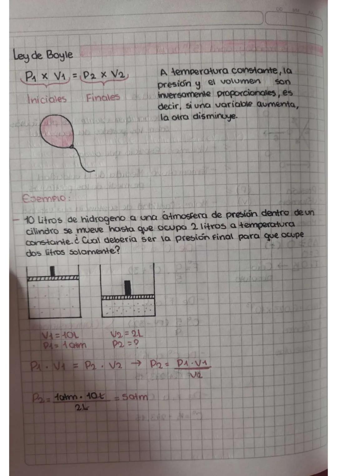 Ley de Boyle
DD MM
P₁x V₁ = P2 x V2,
Iniciales
Finales
A temperatura constante, la
presión y el volumen
son
inversamente proporcionales, es