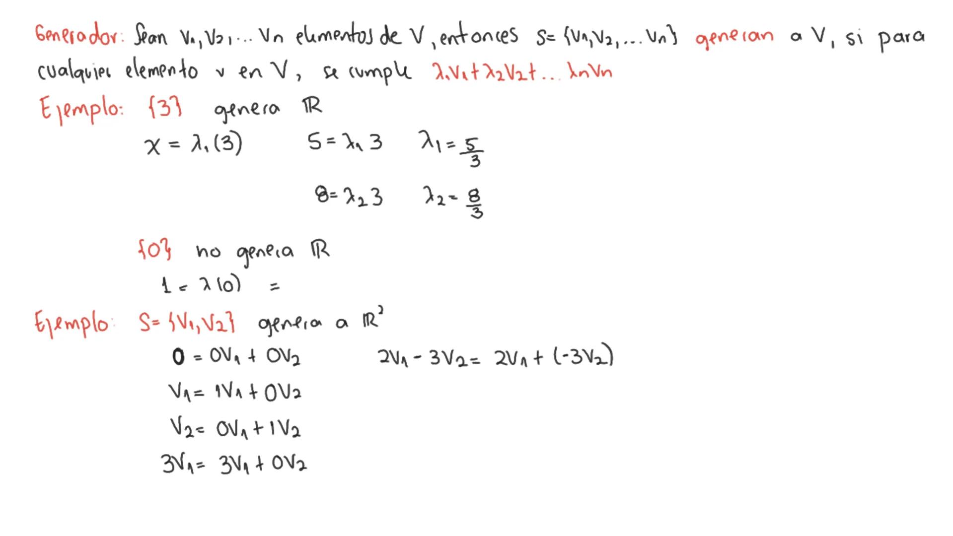 Generador: Sean V., Va.... Un elementos de V, entonces S= {V₁, V₂,... Un} generan a V, si para
cualquier elemento
en V, se cumple 2. V₁+22 V
