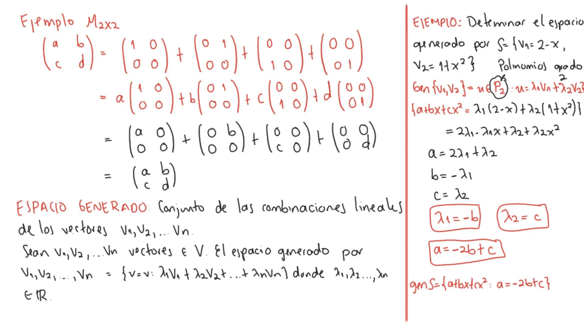 Generador: Sean V., Va.... Un elementos de V, entonces S= {V₁, V₂,... Un} generan a V, si para
cualquier elemento
en V, se cumple 2. V₁+22 V
