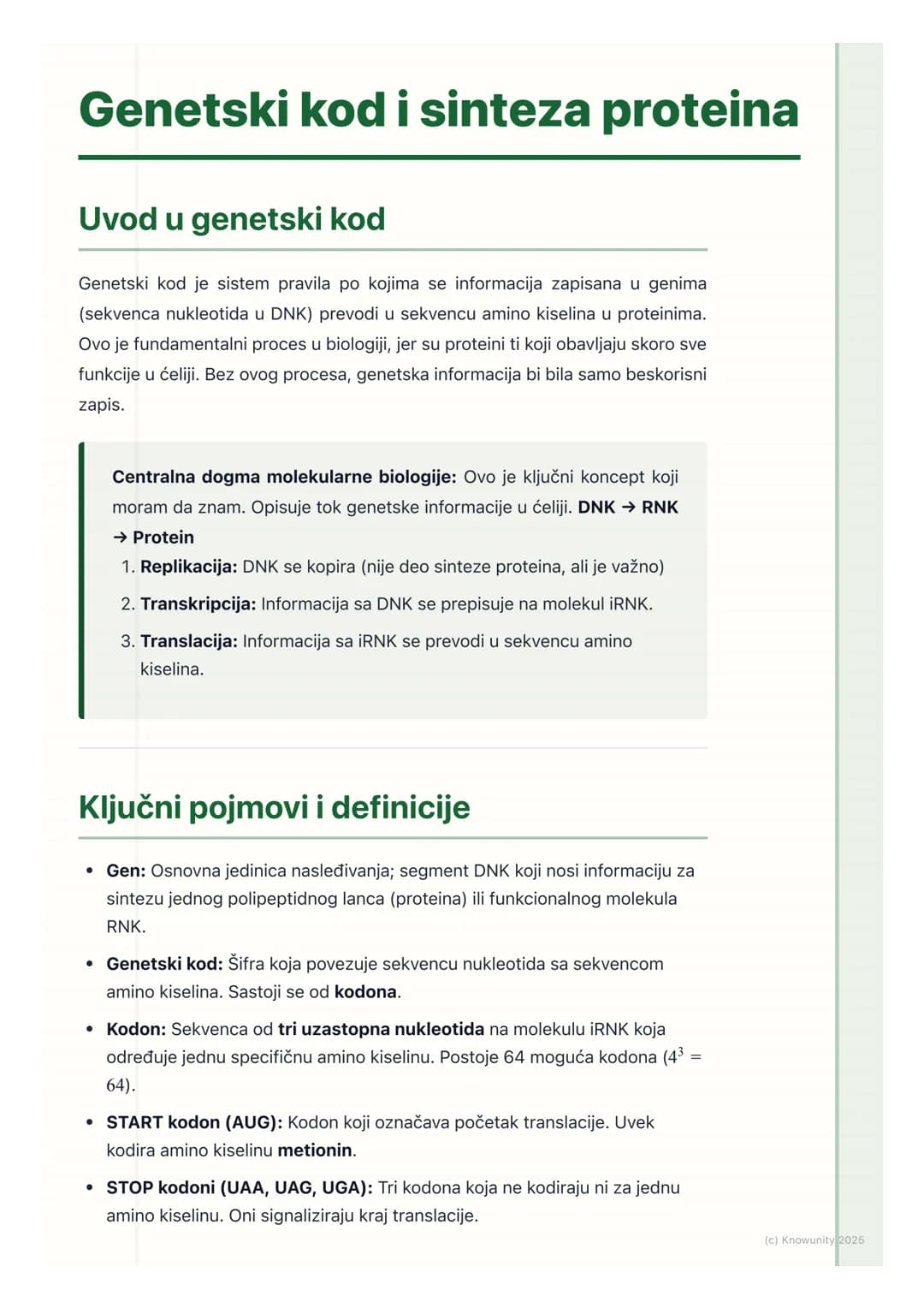 # Genetski kod i sinteza proteina
## Uvod u genetski kod
Genetski kod je sistem pravila po kojima se informacija zapisana u genima
(sekven