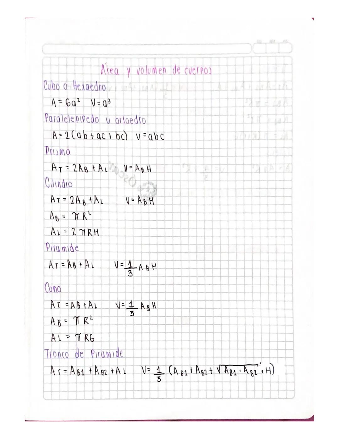 Area y volumen de cuerpos
Cubo o Hexaedro
A=6a² V=q3
Paralelepipedo u ortoedro
A=2(ab+ac+bc) v=abc
Prisma
AT2AB+AL V-ABH
Cilindro
AT=2AB+AL