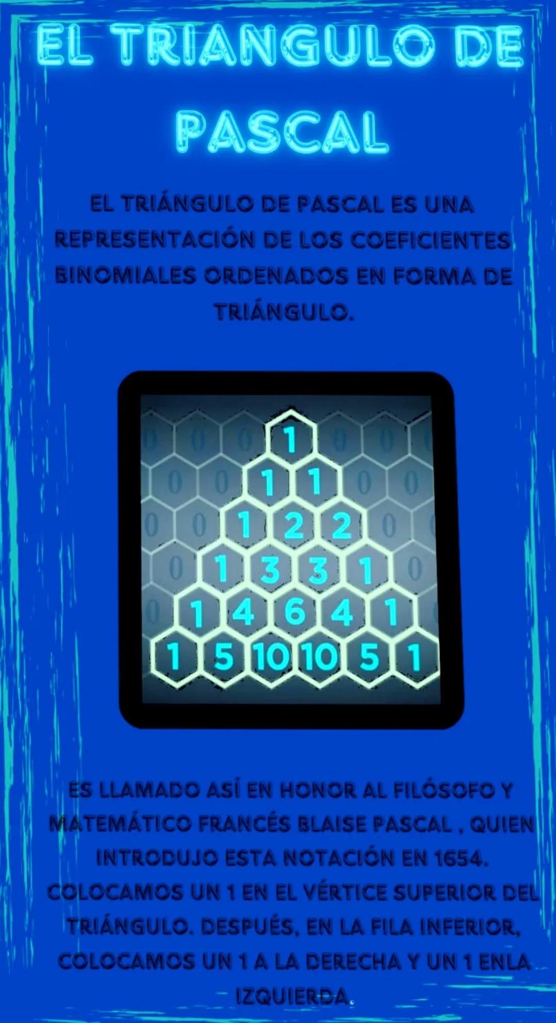 EL TRIANGULO DE
PASCAL
EL TRIÁNGULO DE PASCAL ES UNA
REPRESENTACIÓN DE LOS COEFICIENTES
BINOMIALES ORDENADOS EN FORMA DE
TRIÁNGULO.
10
00110