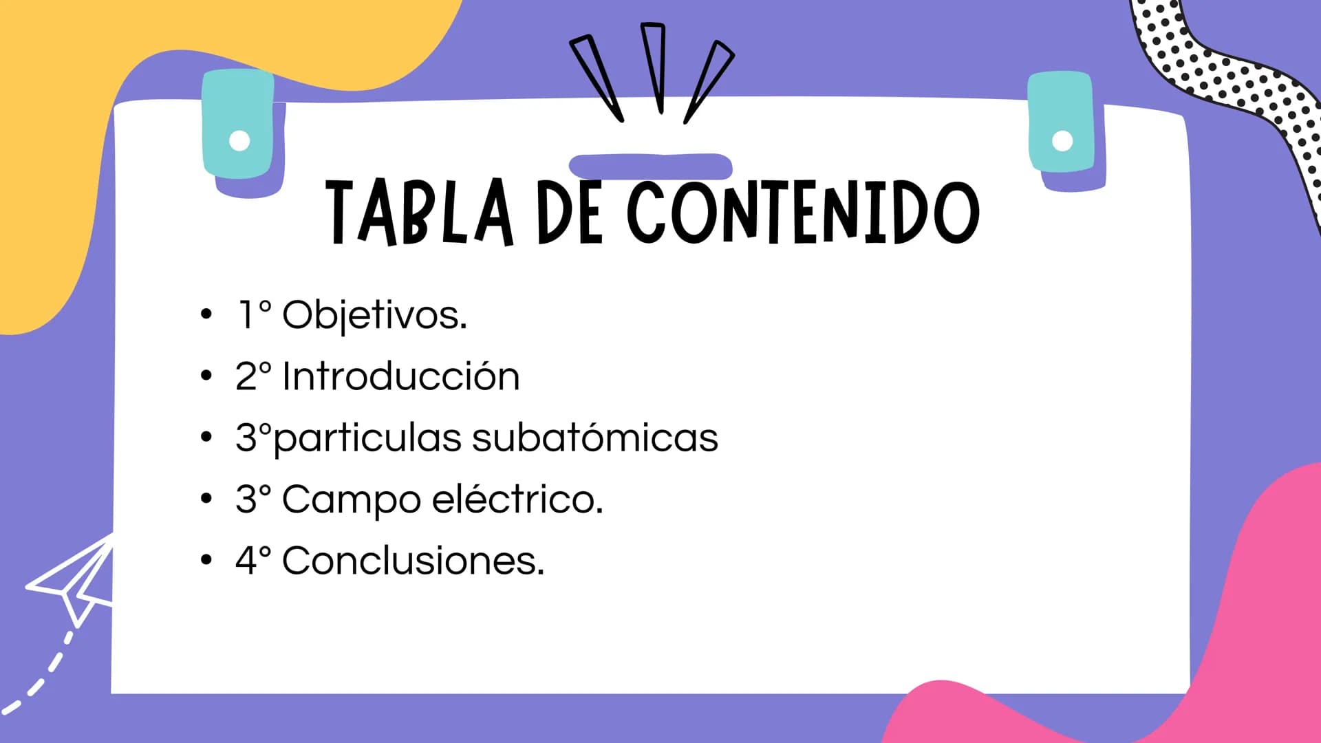 # TABLA DE CONTENIDO
- 1° Objetivos.
- 2° Introducción
- 3°particulas subatómicas
- 3° Campo eléctrico.
- 4° Conclusiones. # OBJETIVOS
Dar a