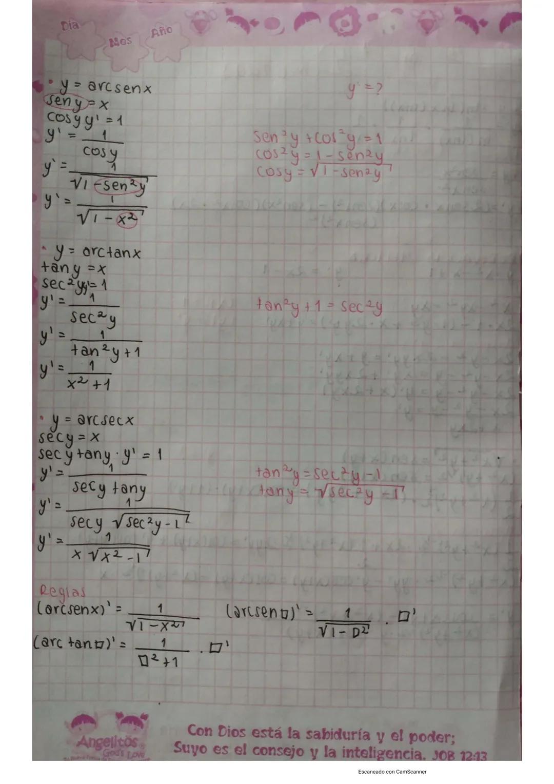 Dia
26
Año
Mes
20
04
Derivadas
y = In (In x
(Inx))
1
1
In (lnx)
Inx
X
y = Sen²x
Senx2
y' = (2 senx • cosx)(Jenx²) - (sen³x) (cosx2.2x)
(senx
